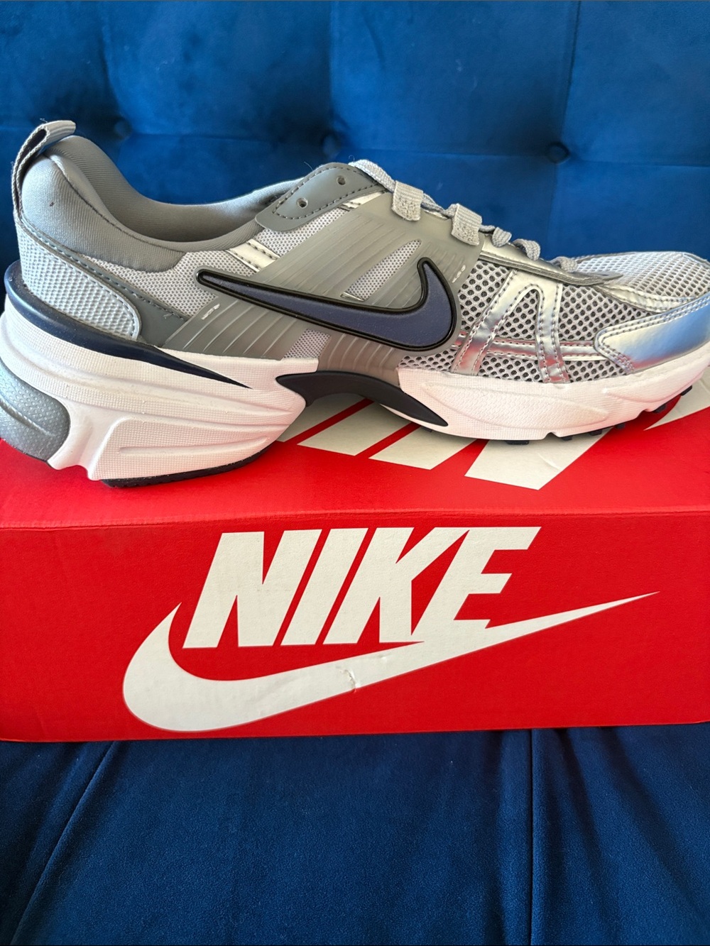 Nike V2K Wolf Grey and Navy  Athletic Running  Sneakers 10.5 women’s or 9 men’s